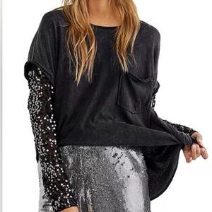 Free People Celine Black Top with Sequin Sleeves